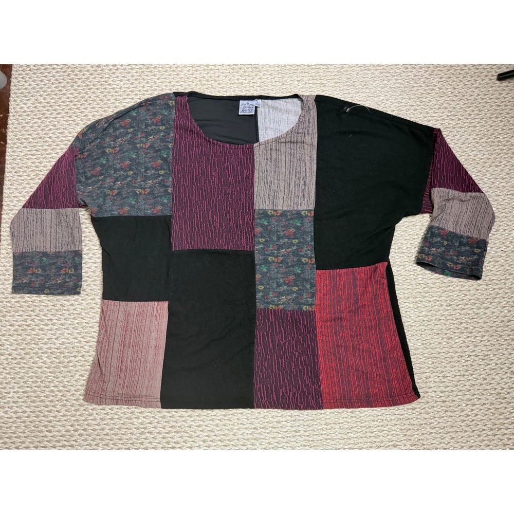 Parsley & Sage Large Patchwork Floral Knit Top 3/4 Sleeve boho boxy shirt large